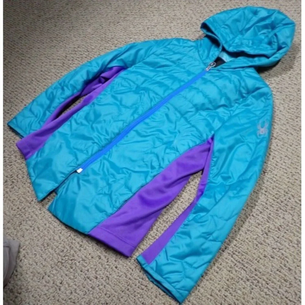Spyder Puffer Jacket Girls Size M 10/12 Teal Purple Excellent‎ Hooded Insulated